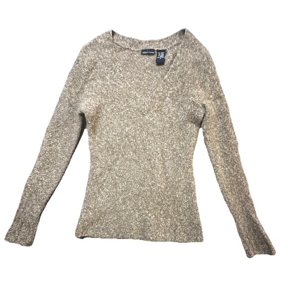 Moda International Women’s Medium V-Neck Wool Blend Sweater Taupe Beige Knit - Picture 1 of 7